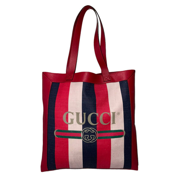 GUCCI Canvas Calfskin Sylvie Stripe Logo Mens Tote Red White Blue Large. - Picture 1 of 16